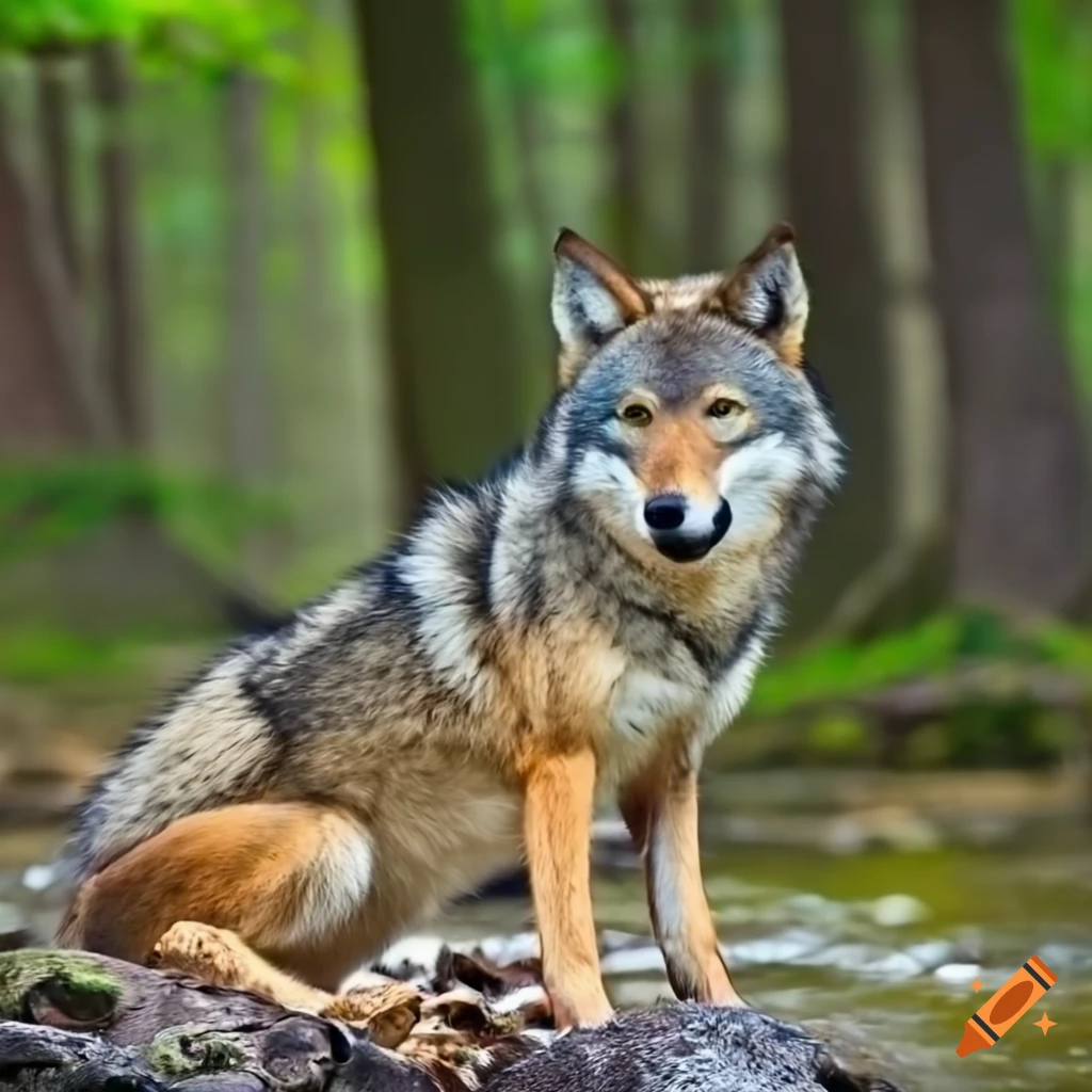 winged wolf resting by a stream in the forest