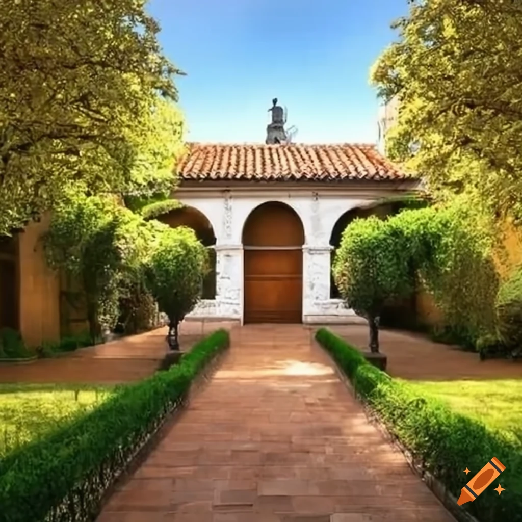 imagen de un patio con un árbol en el centro rodeado de pasillos y puertas coloniales