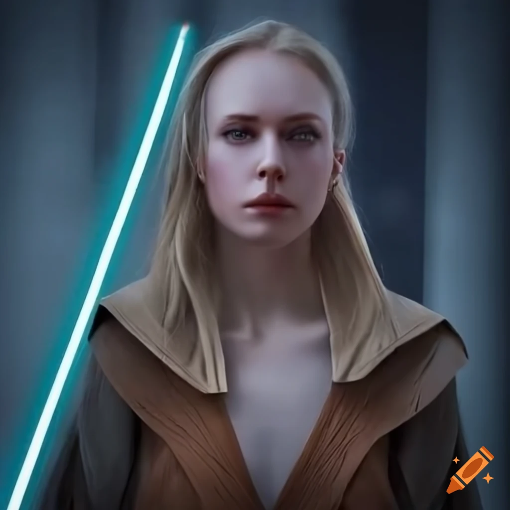 Cinematic still of a blonde female Jedi in a modern temple on Craiyon