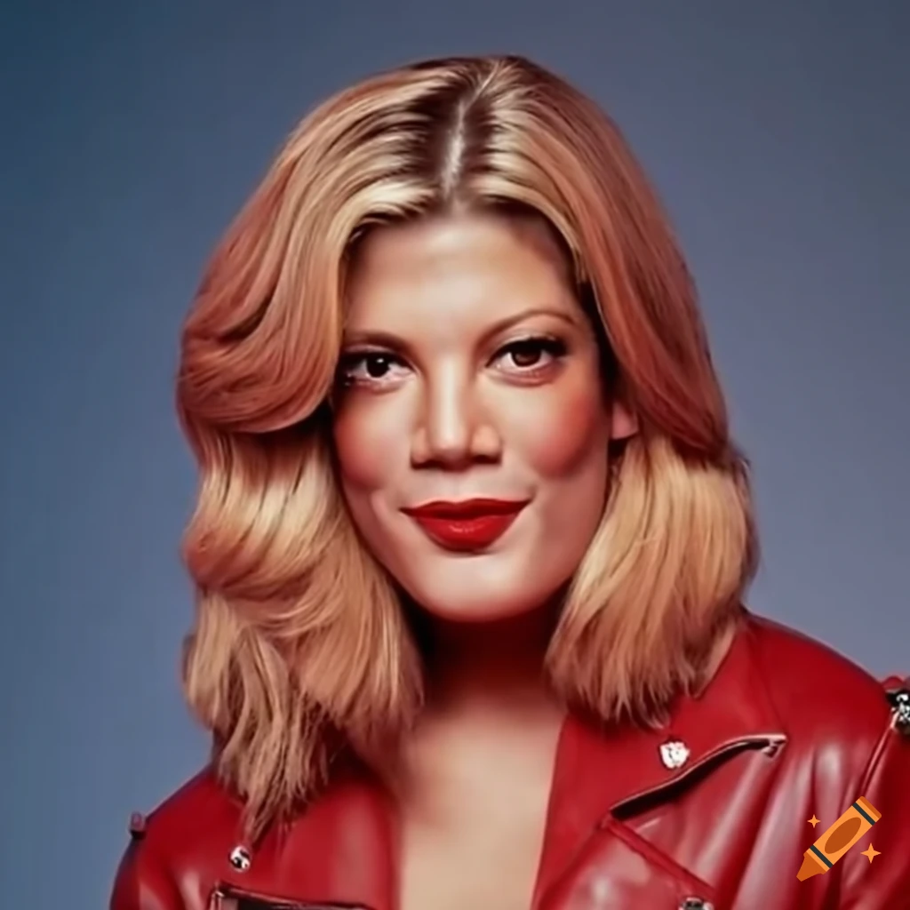 Tori spelling in a red leather jacket