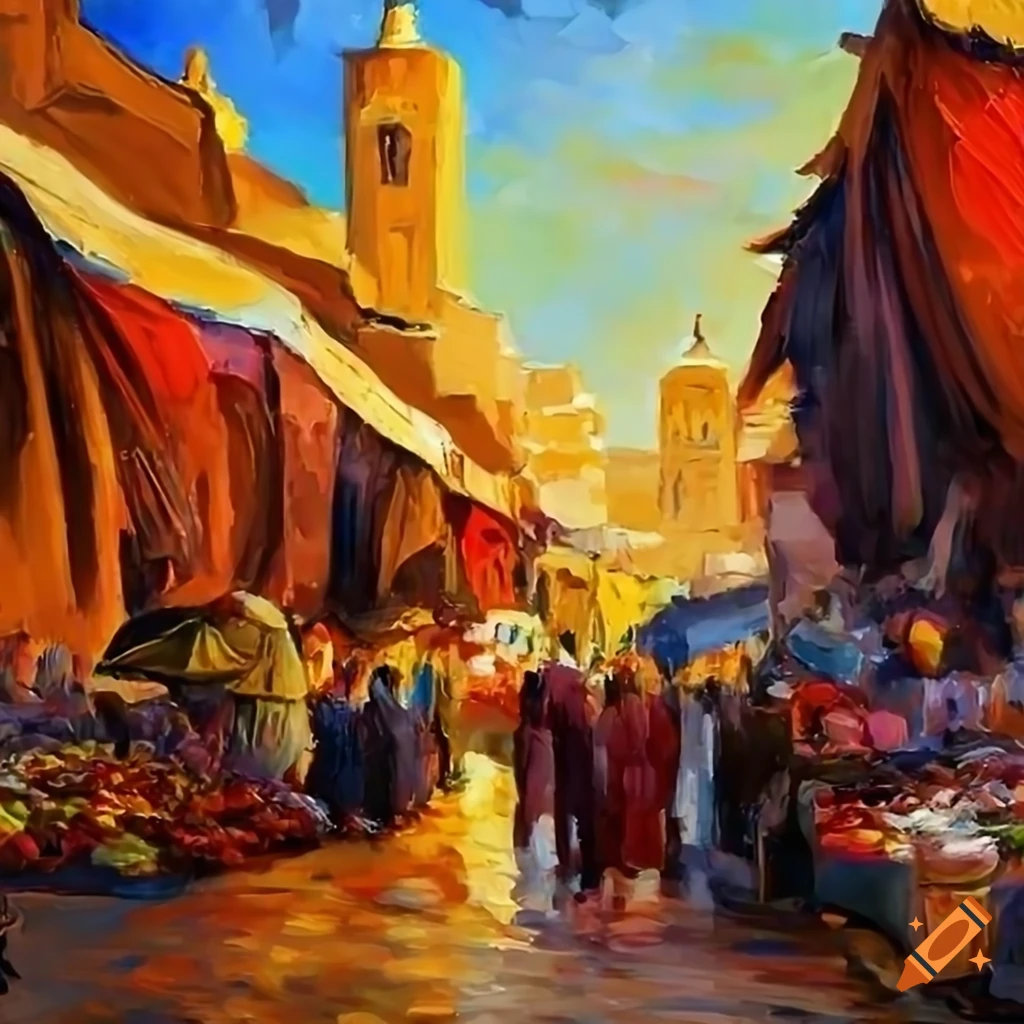 impressionist painting of a vibrant Moroccan market
