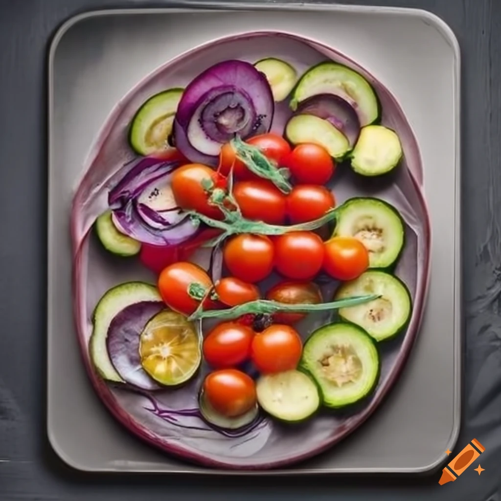 Cherry tomatoes, zucchini, and red onion on a baking sheet on Craiyon