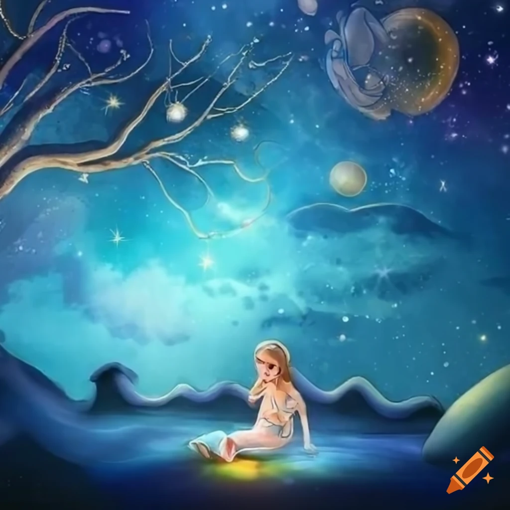 Illustration of a girl holding a star in the night sky on Craiyon
