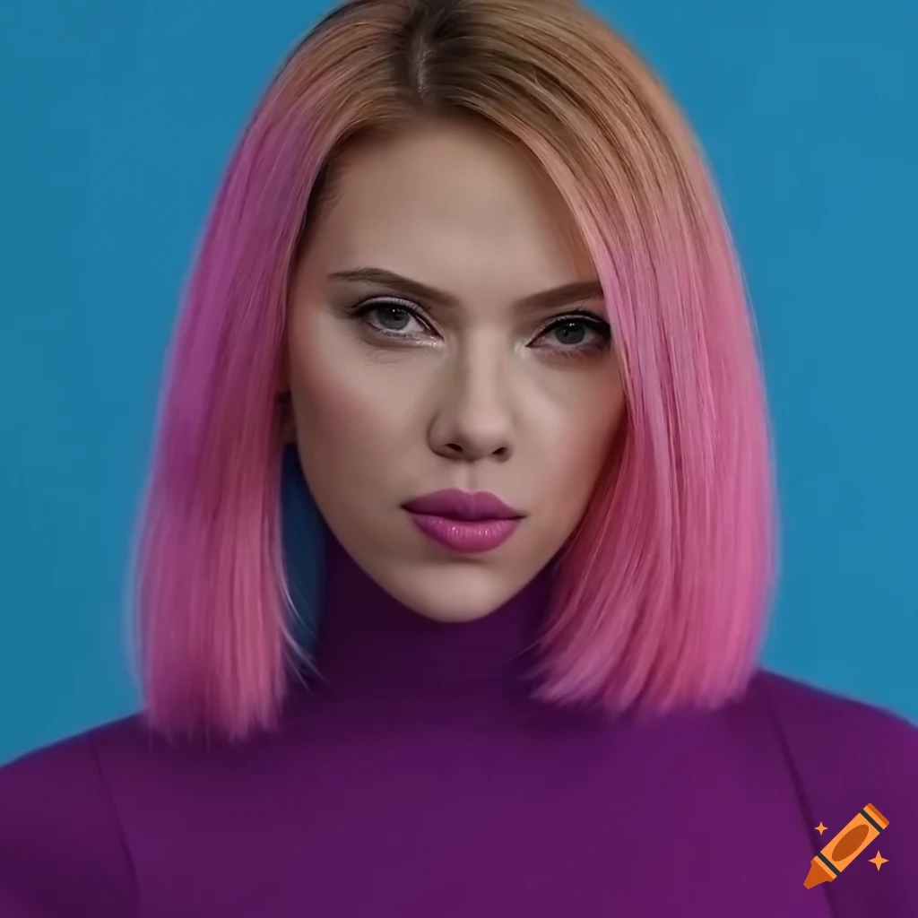 Scarlett johansson with a straight bob haircut and pink turtleneck on ...