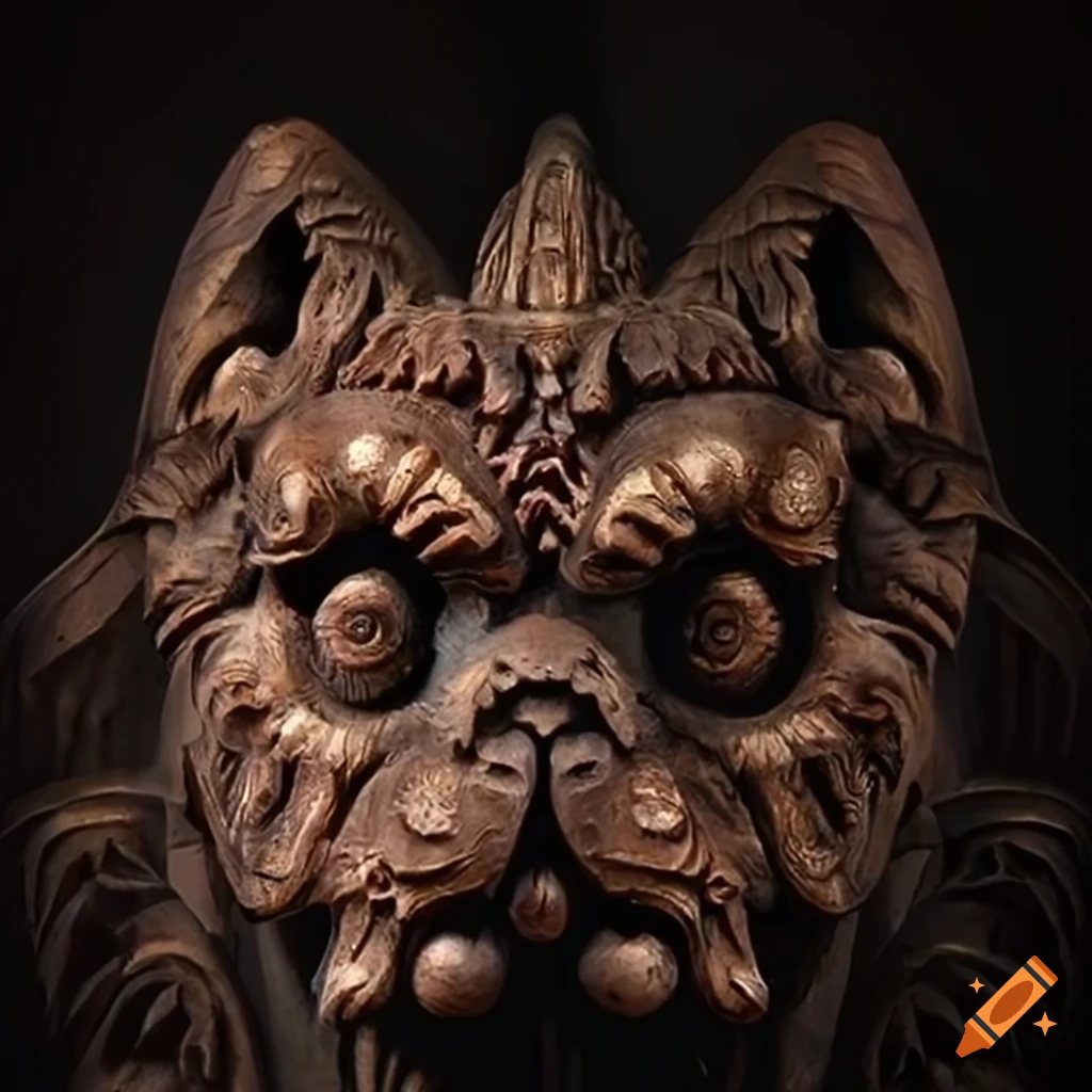 detailed carving of a moth werewolf motif