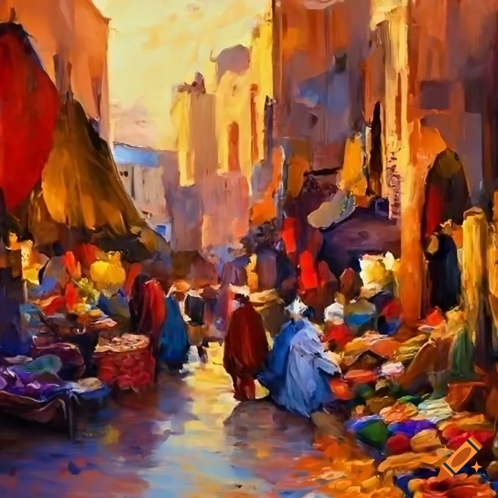 impressionist painting of a vibrant Moroccan market