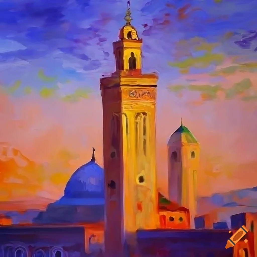 impressionist painting of a Moroccan mosque