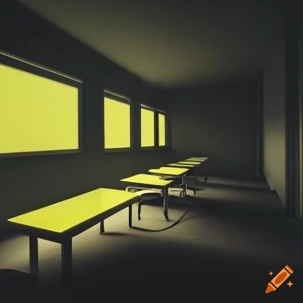 Retrofuturistic work office with yellow lighting