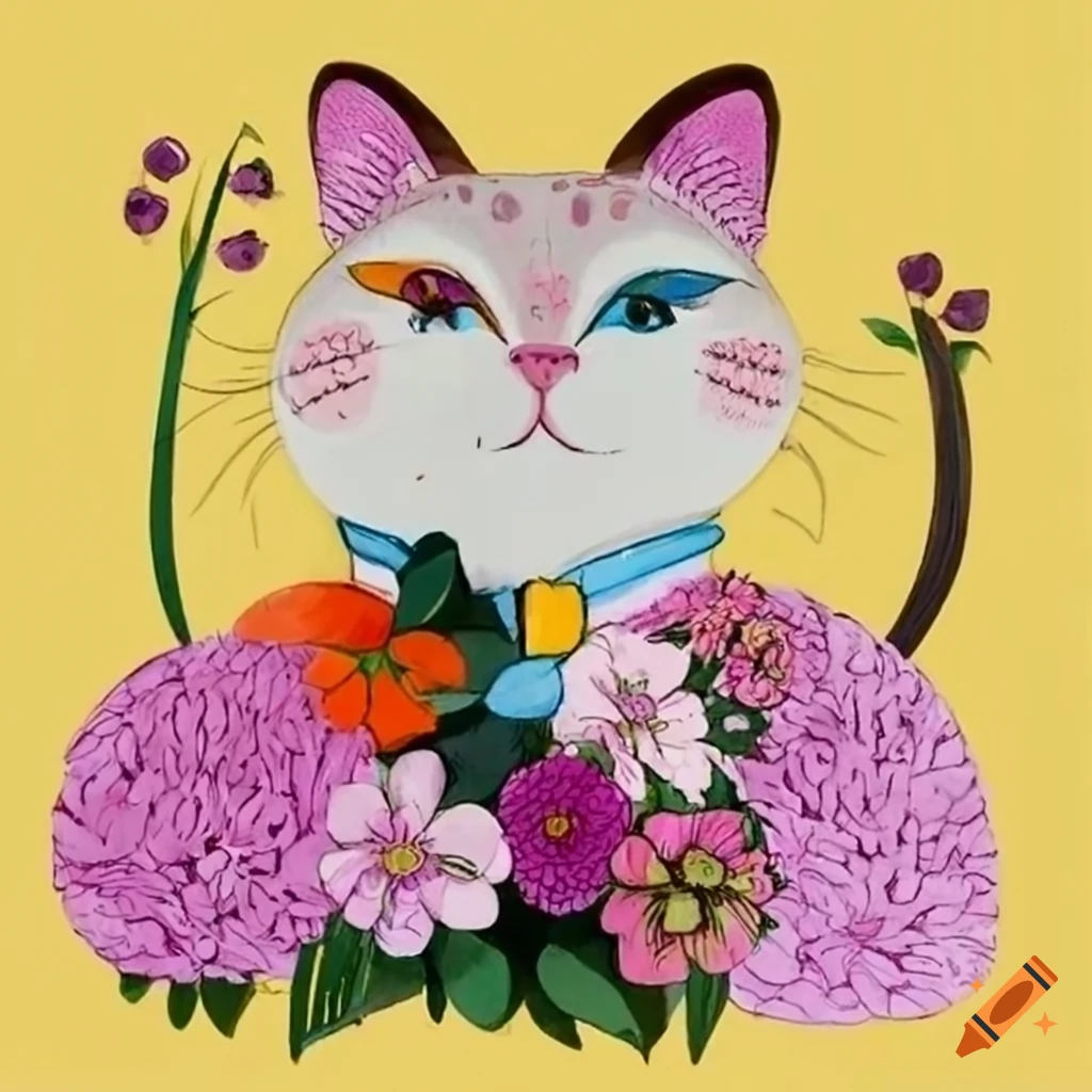 artwork of a cat lady surrounded by blooming flowers