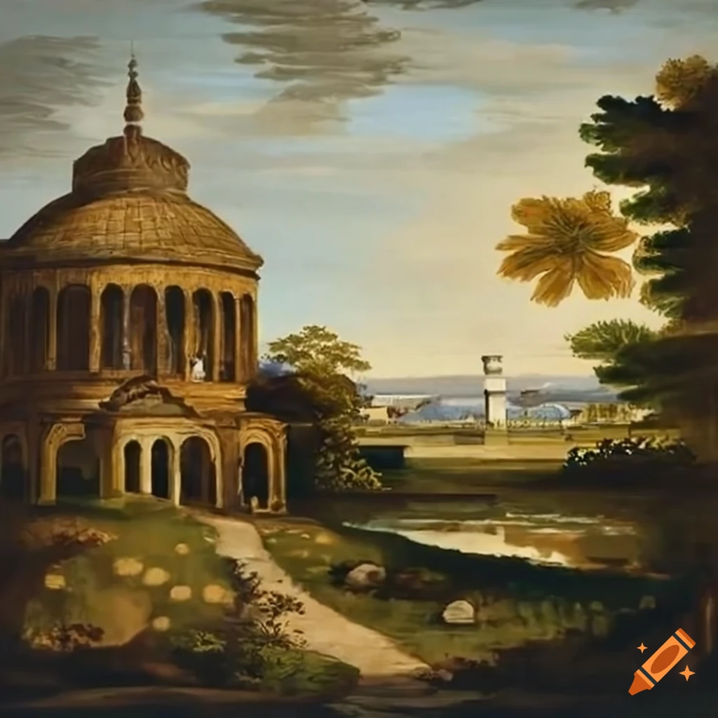 Painting of a park with a pond and a round temple on Craiyon
