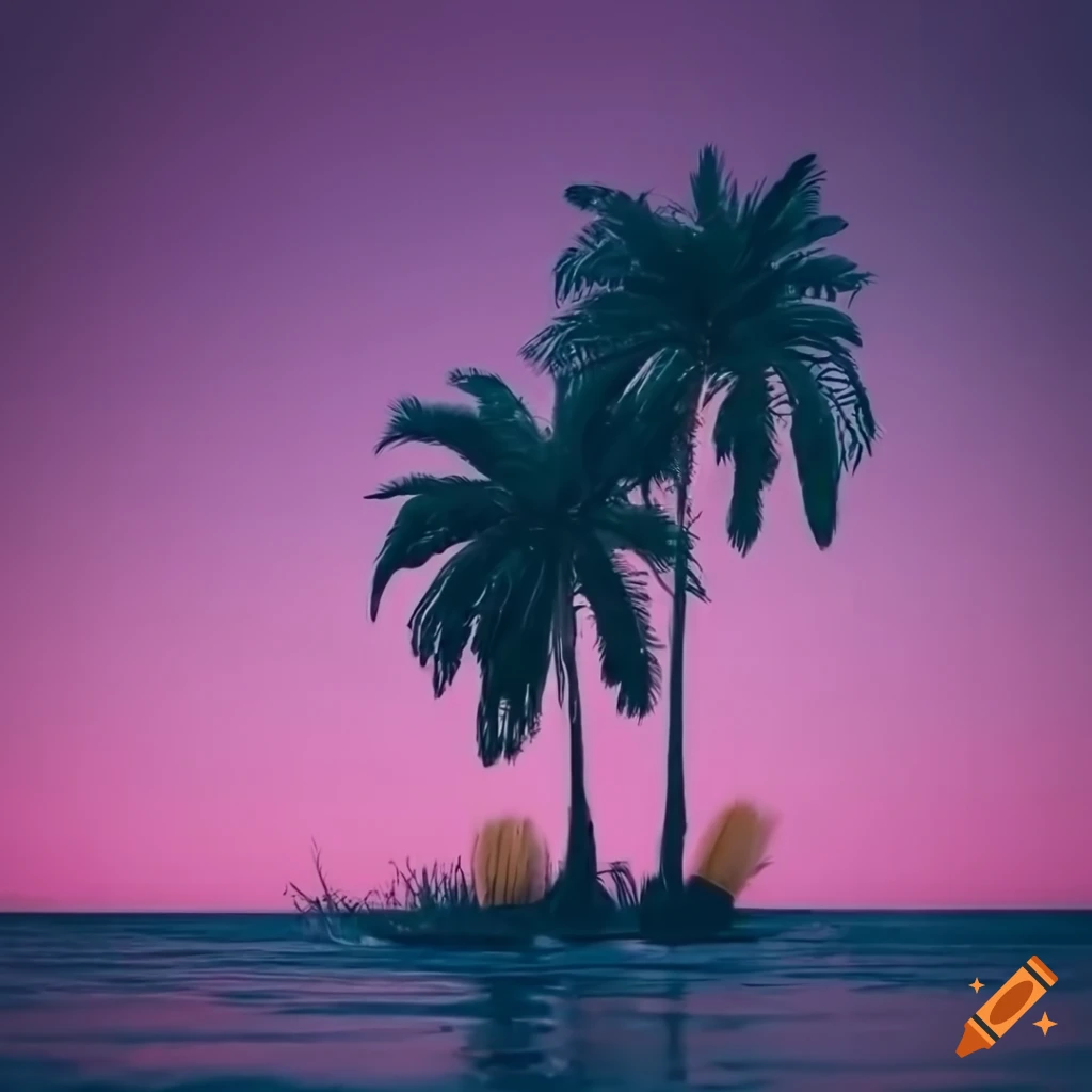 artistic representation of pink cotton candy palm trees and black liquorice sea