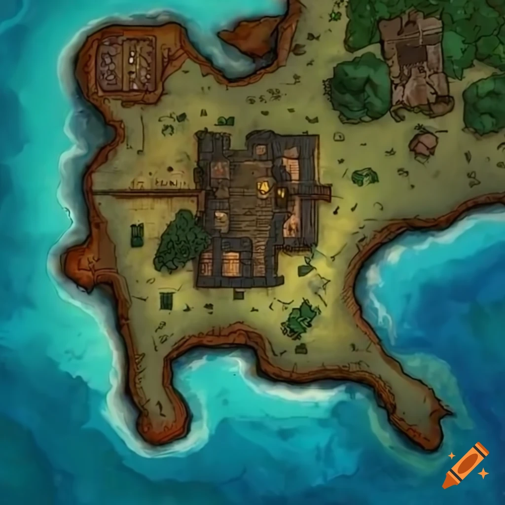 Detailed map of a fantasy island with a pirate tavern on craiyon