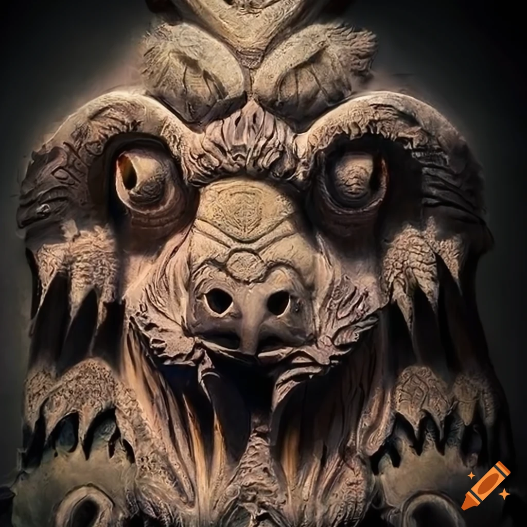 detailed carving of a moth werewolf motif