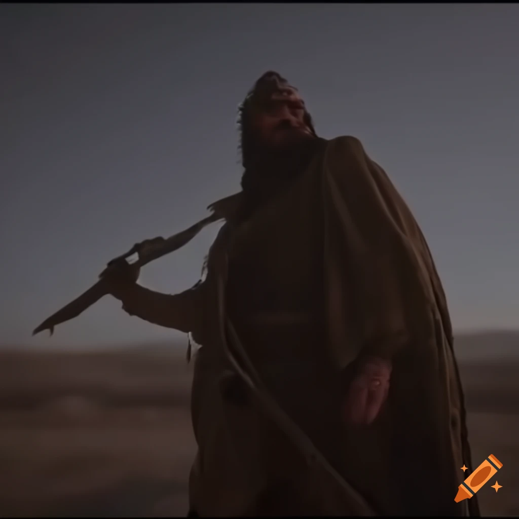 epic cinematic shot of a tired nomad warrior fighting enemies
