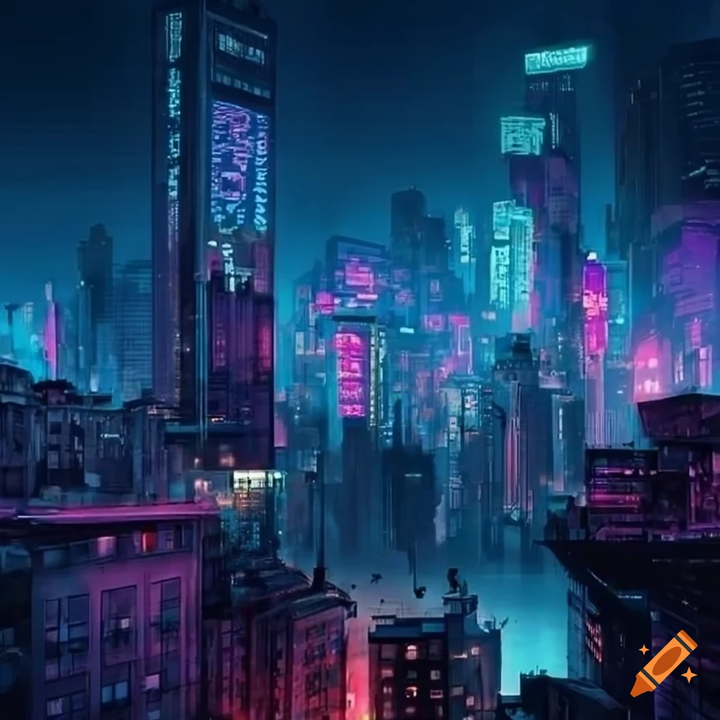 Cityscape of a futuristic cyberpunk city