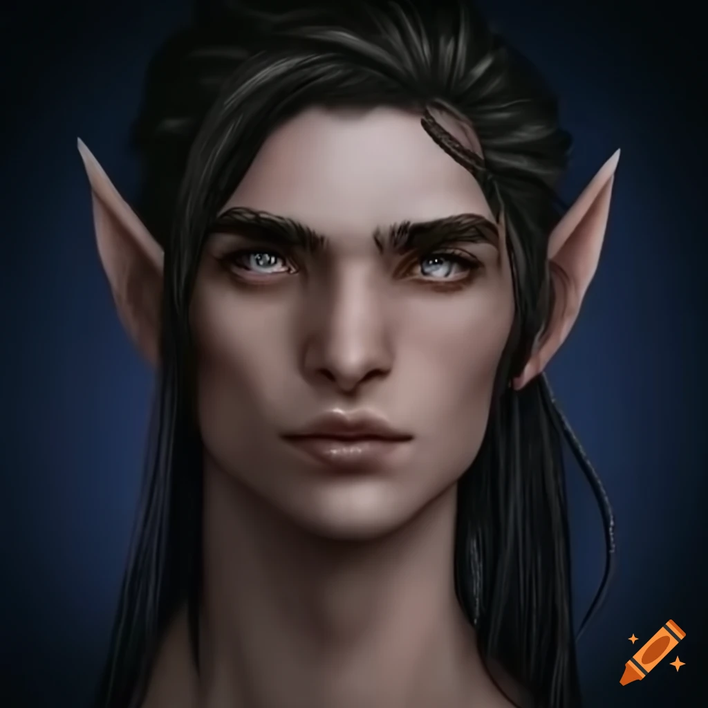 illustration of a male elf with braided black hair and silver eyes