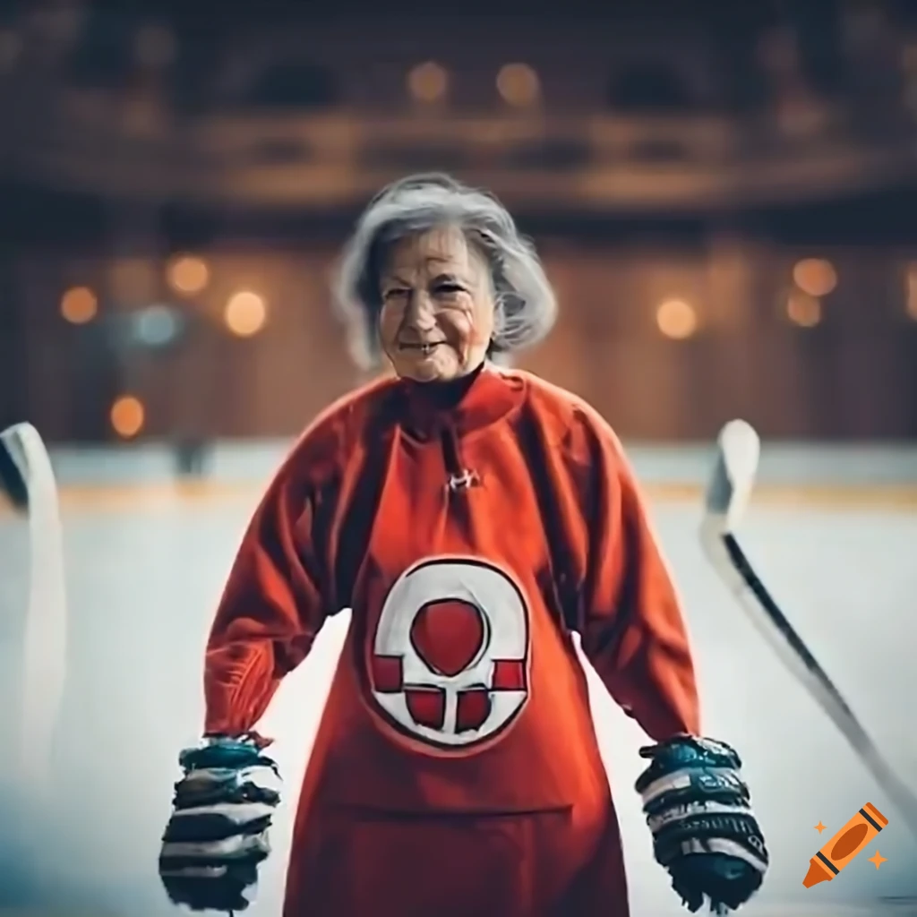 senior woman scoring a goal in ice hockey