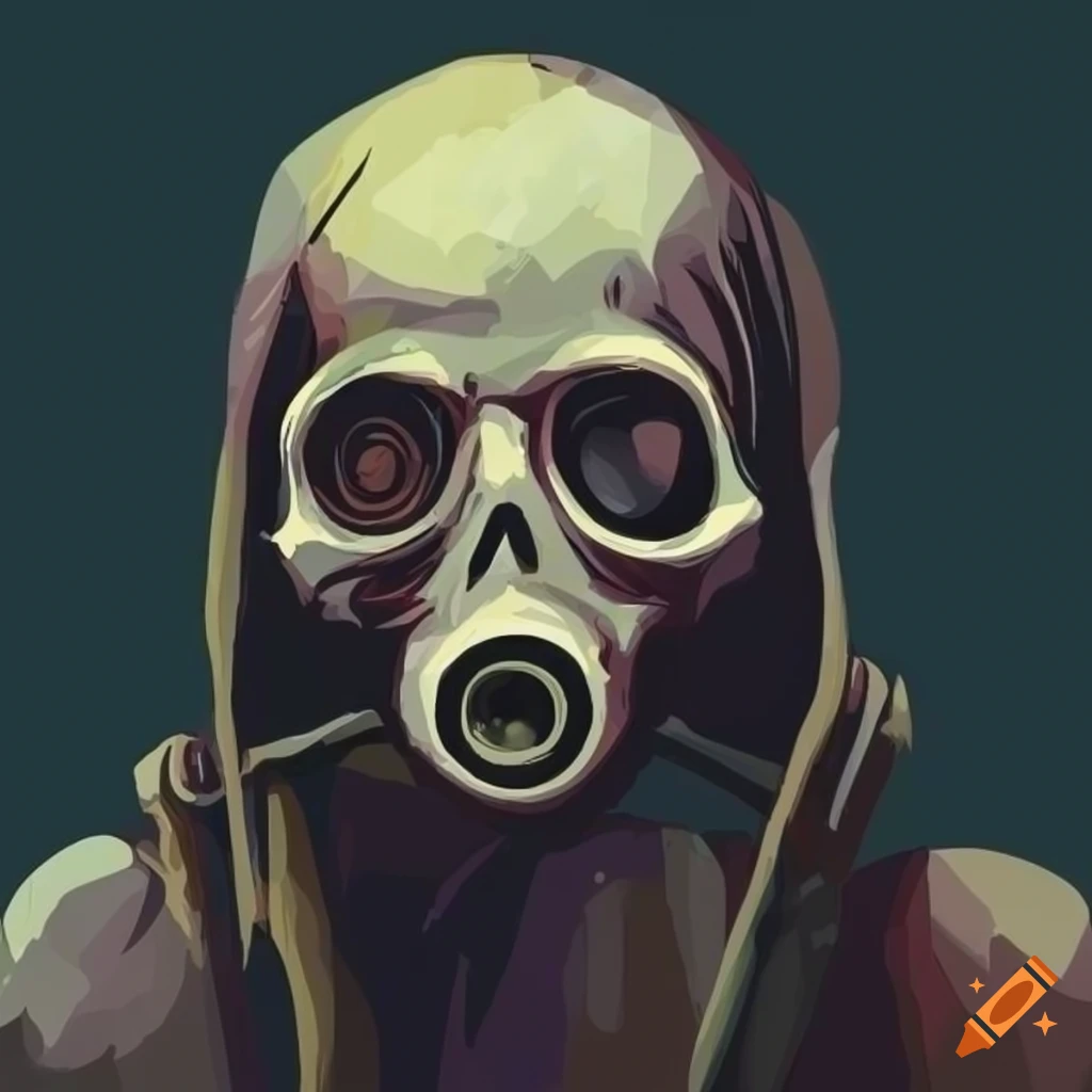 eerie illustration of a skeletal figure with a gas mask