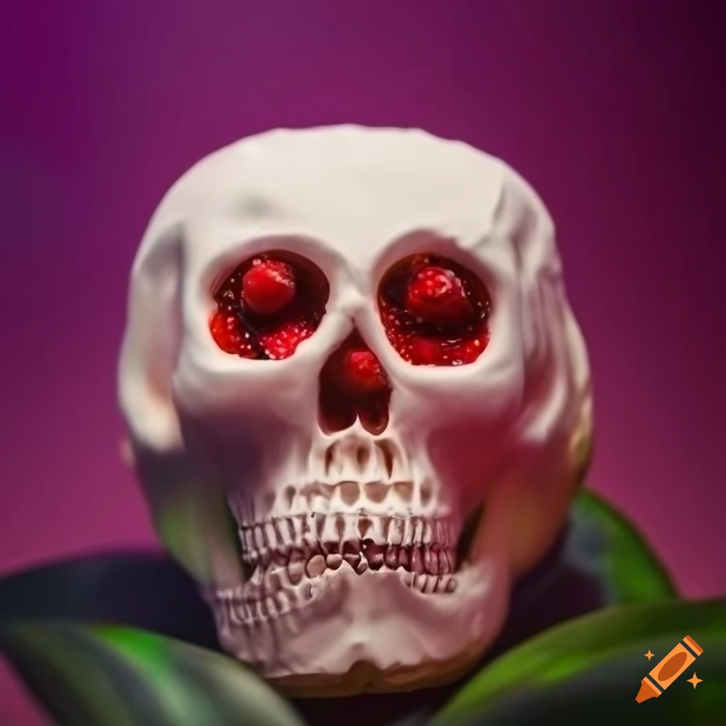 marshmallow skull with strawberry eyes and tropical plants