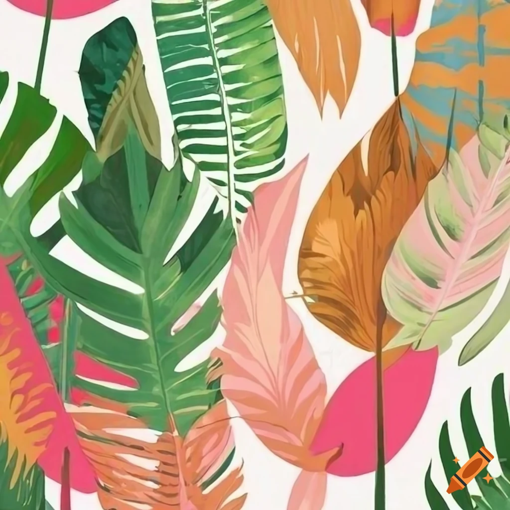 bohemian mural with tropical leaves