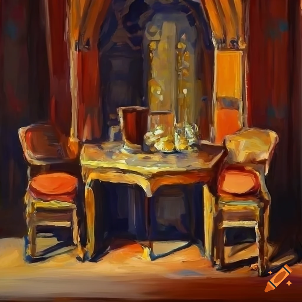 impressionist painting of Moroccan table and chairs