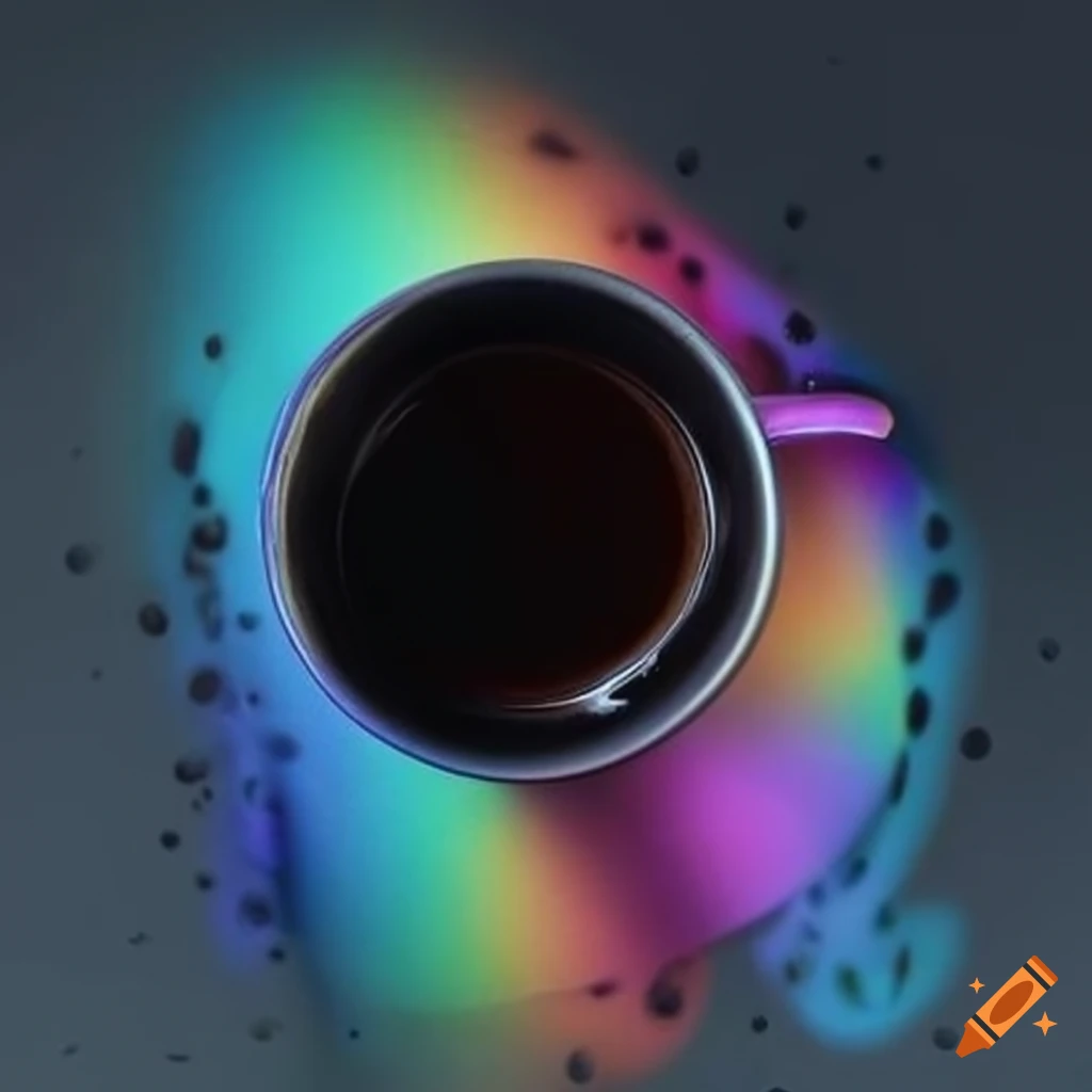 iridescent black coffee mug overflowing with liquid