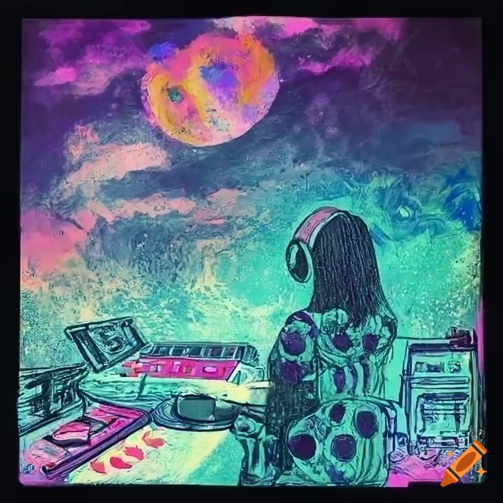Colorful dj set with a moon in the sky