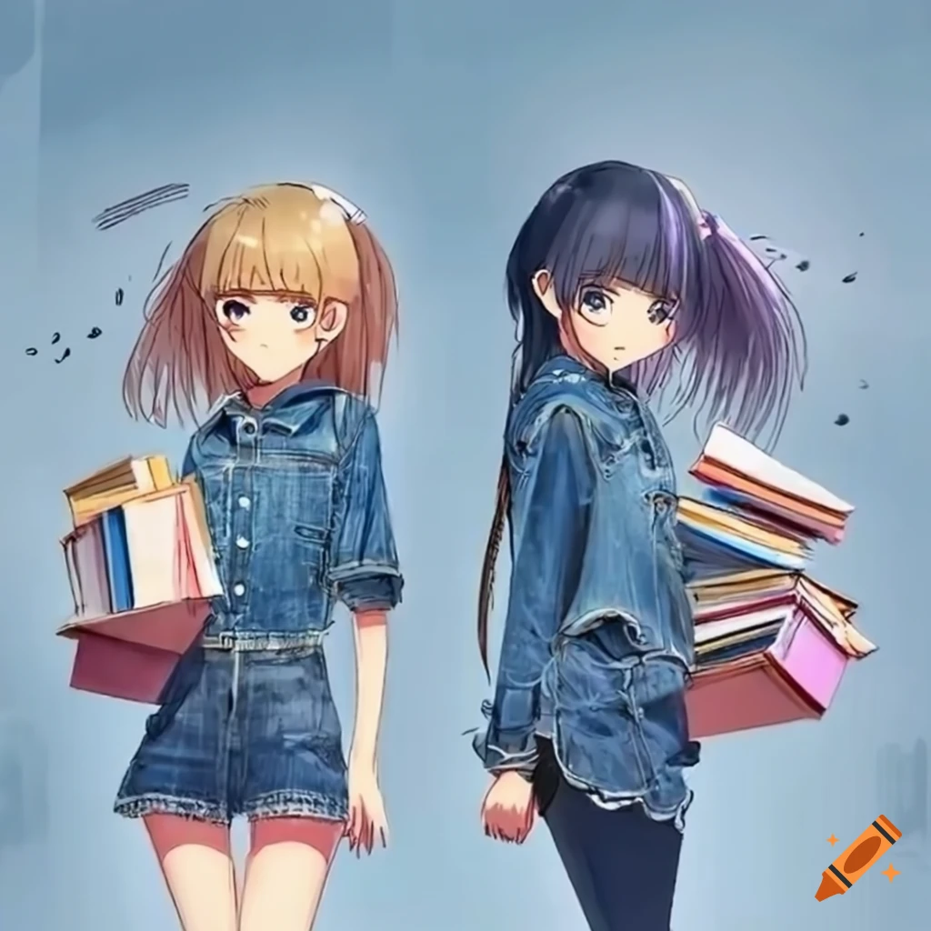 anime girls studying in denim attire in the rain