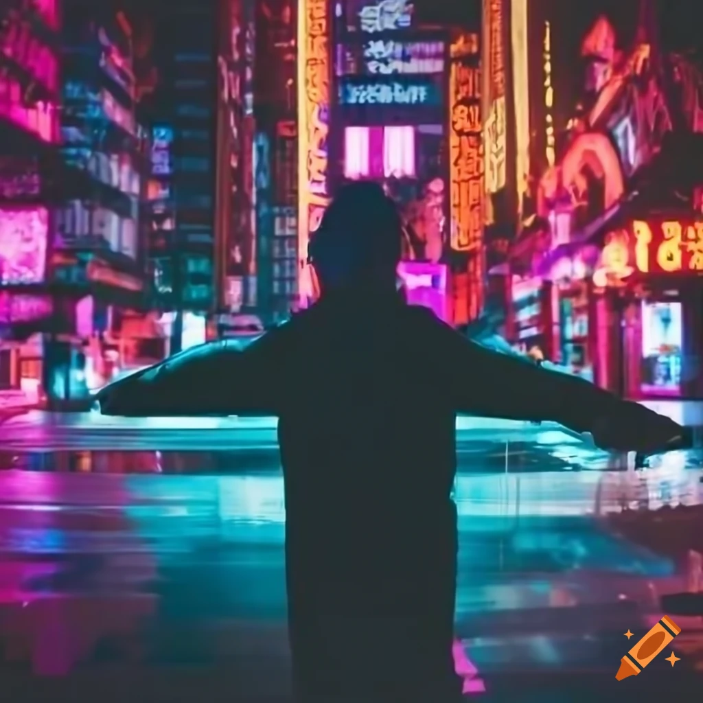 Silhouette of a man in a futuristic neon city on Craiyon