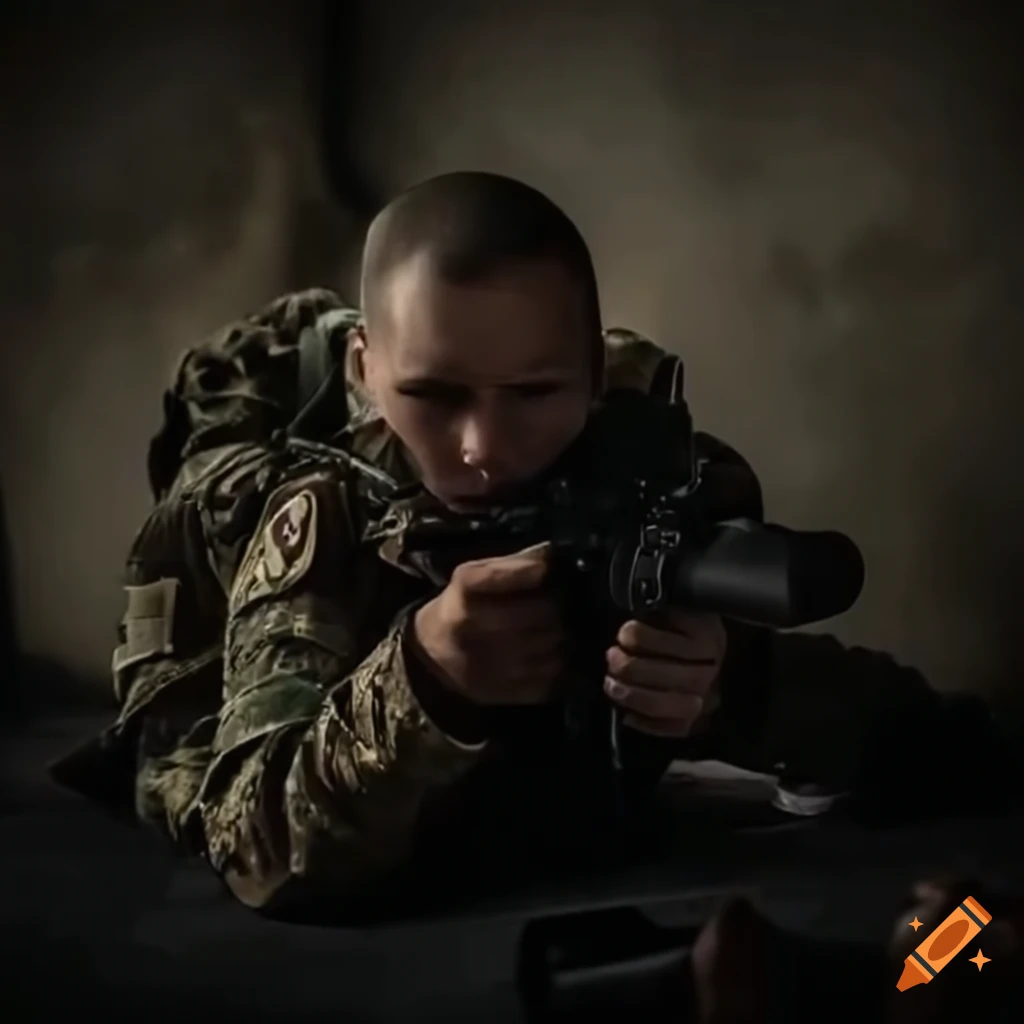 Soldier with wolf eyes aiming a rifle on Craiyon