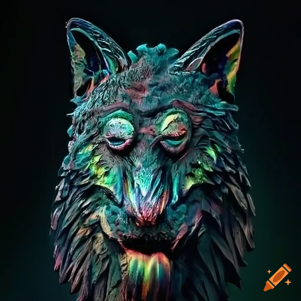 prismatic architectural stave carving with moth werewolf motif
