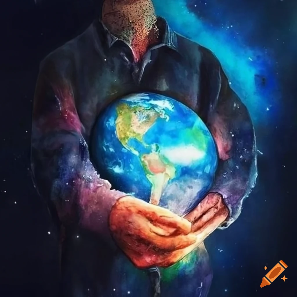 Watercolor artwork of a man holding the planet earth in a galaxy on Craiyon