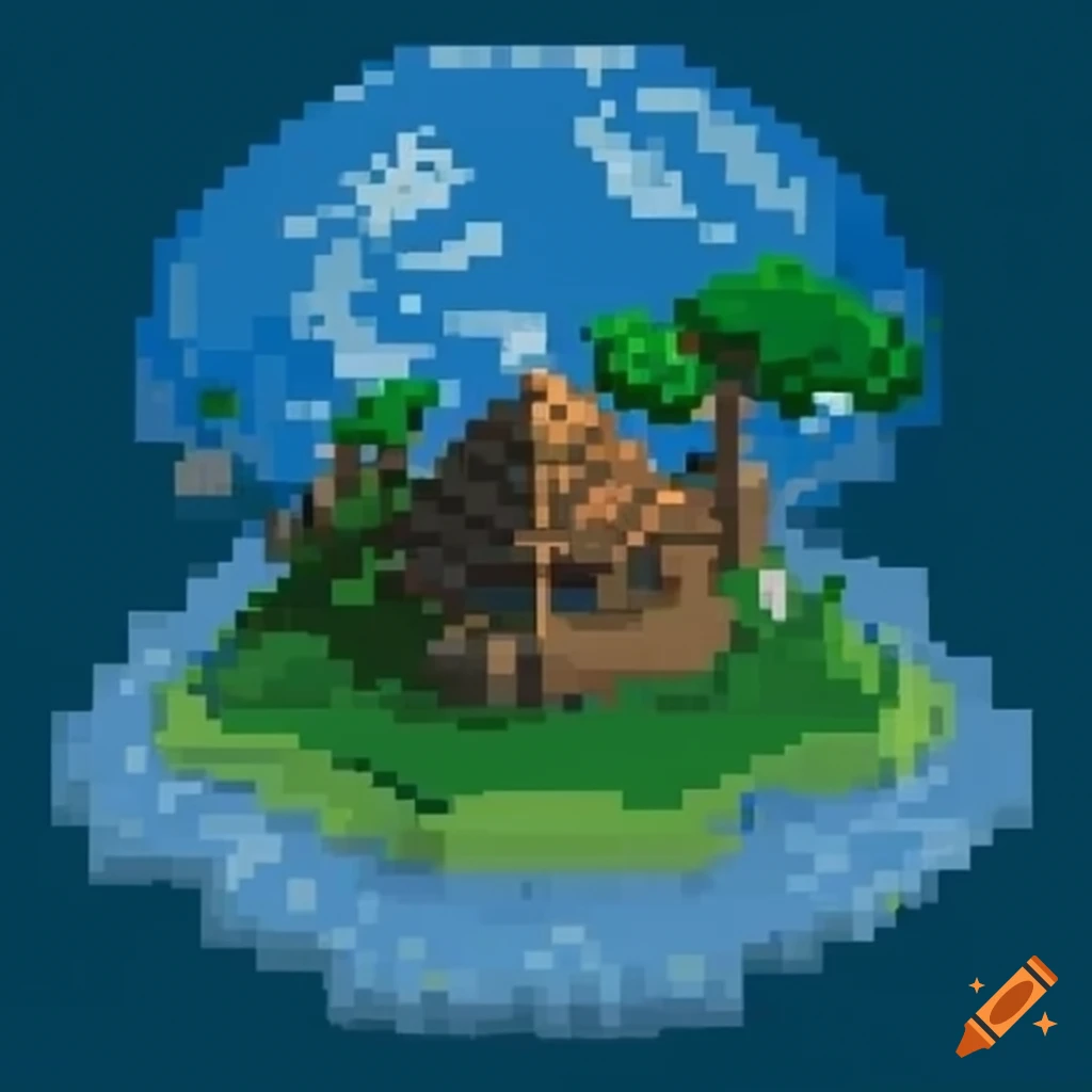 pixel art of a stranded planet on an island