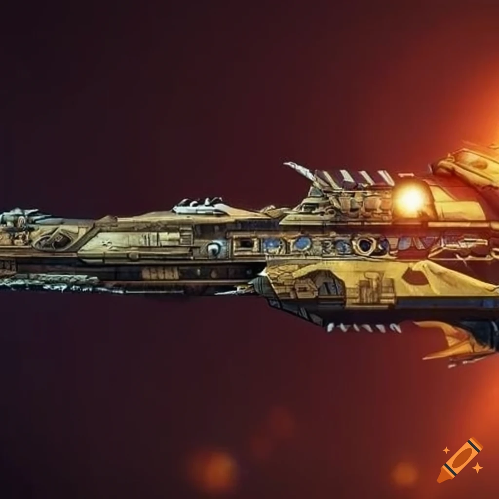 golden sunbird battleship in retrofuturist scifi style