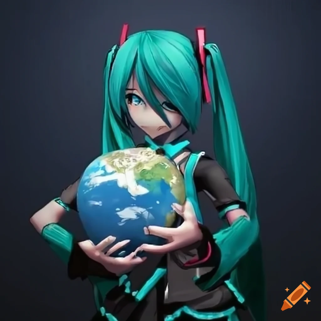 Hatsune Miku holding a shrunken Earth in space