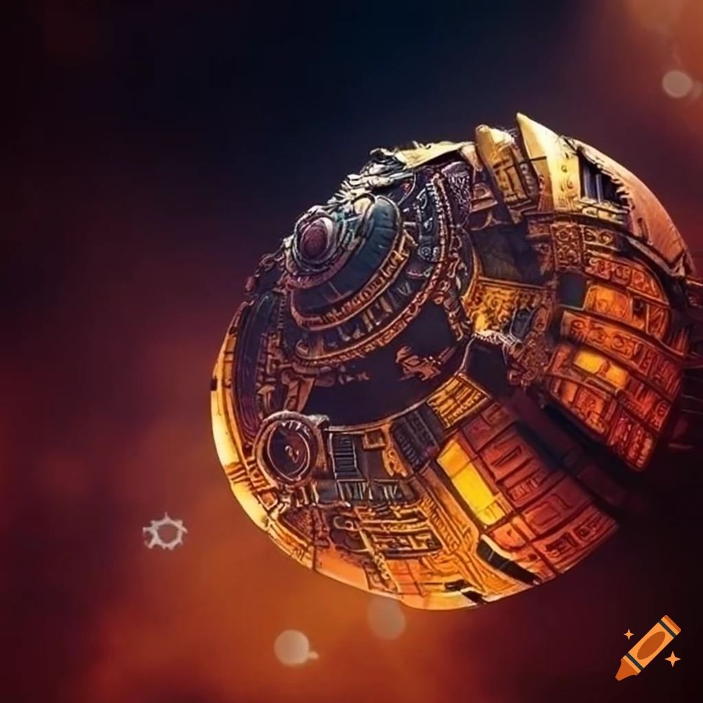 golden sunbird battleship in Aztec retrofuturist design