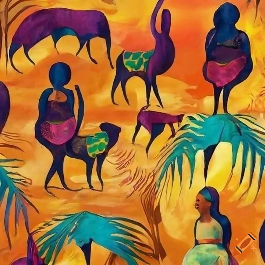 stylized African landscape with women, dogs, and rhythmic motifs