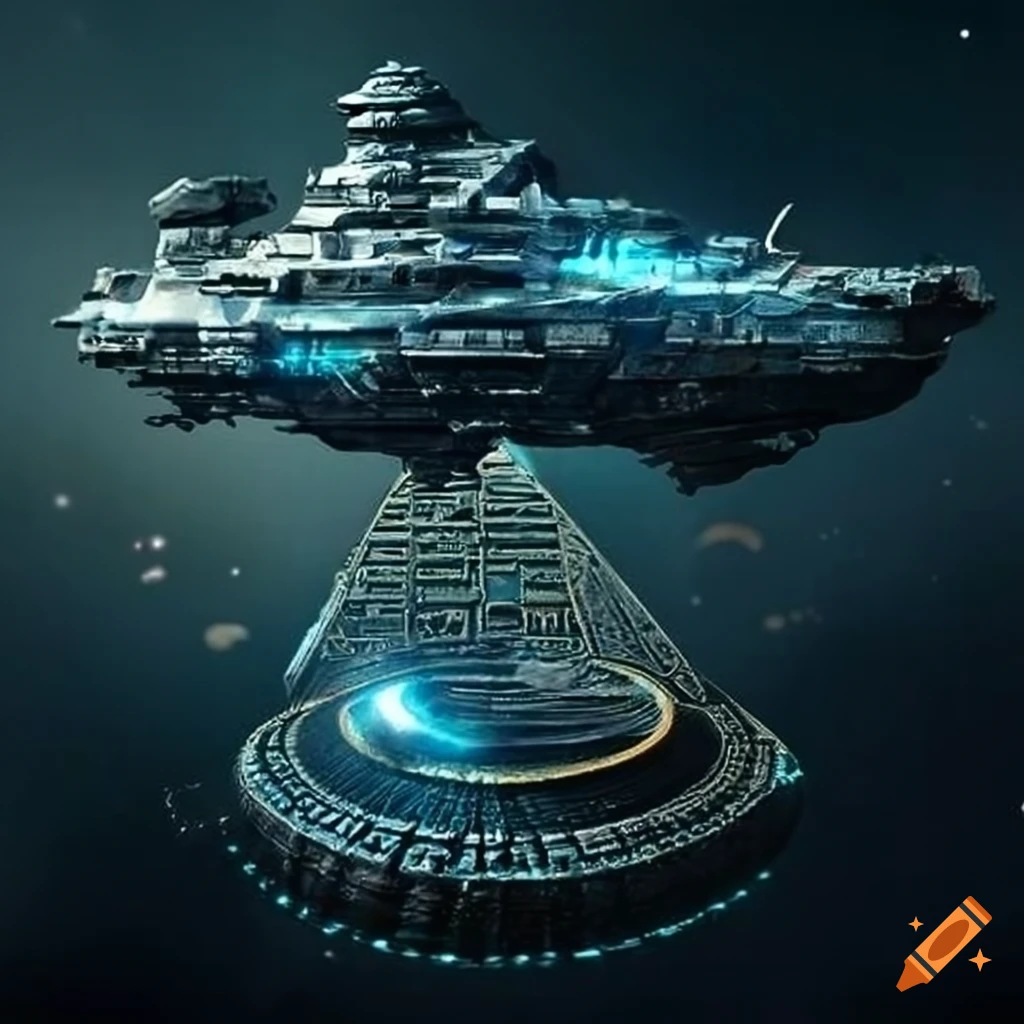 Retrofuturistic space warship with egyptian motifs