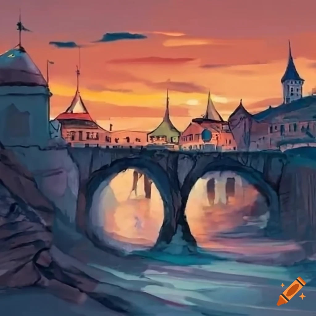 Bridge over a river in front of a fortress at twilight