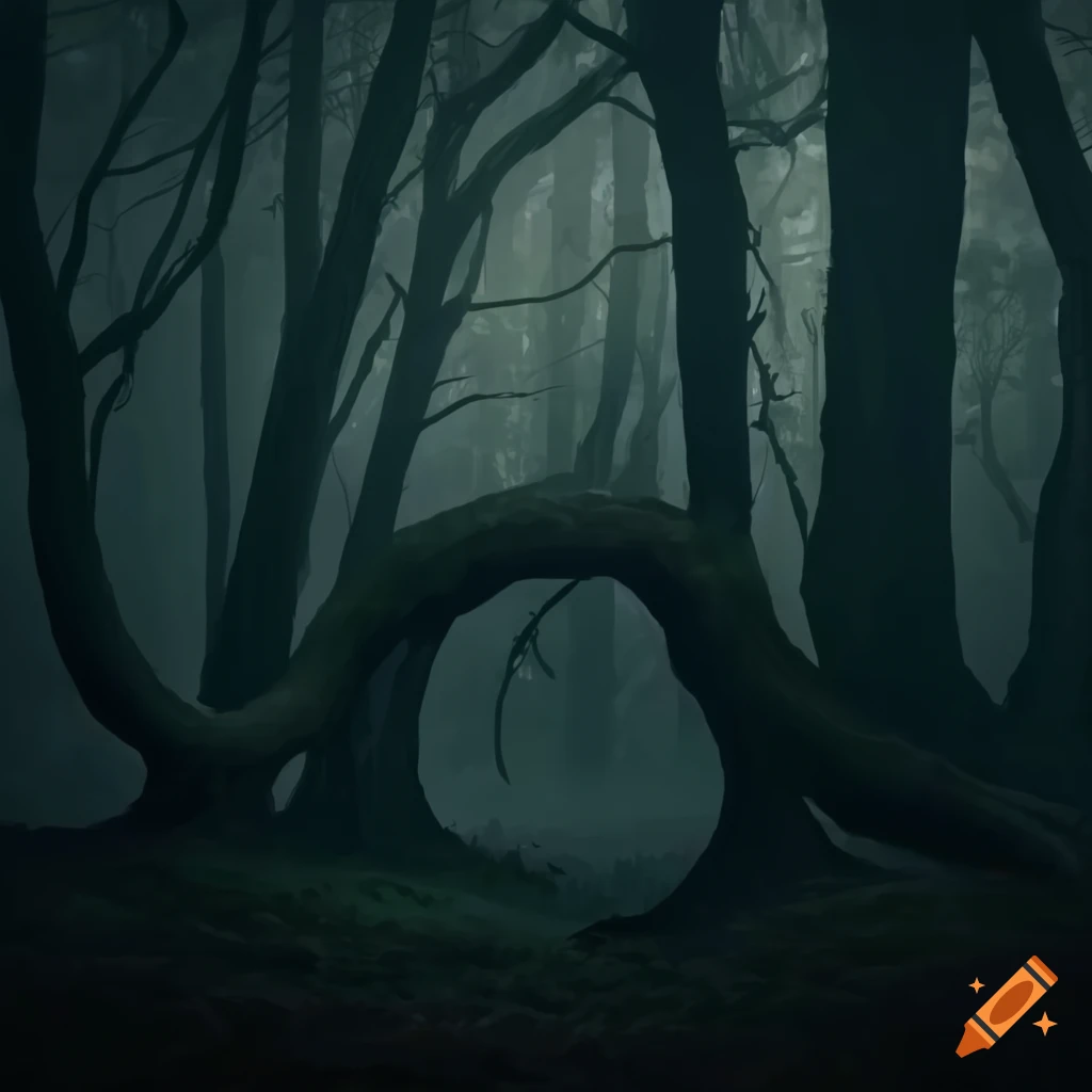 full moon illuminating a mysterious forest clearing with bent tree