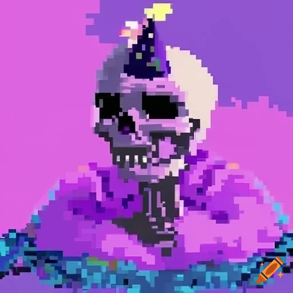 pixel art skeleton wearing a birthday hat