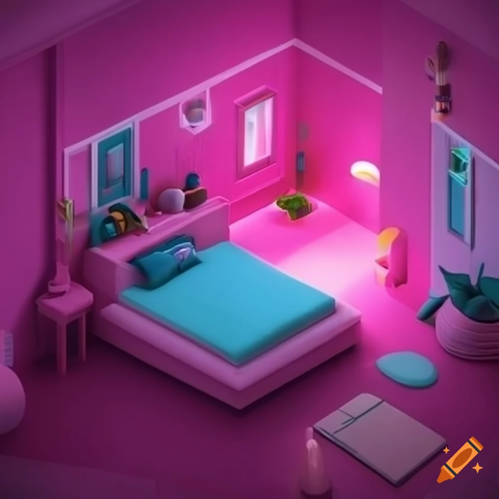 detailed pink isometric cozy room