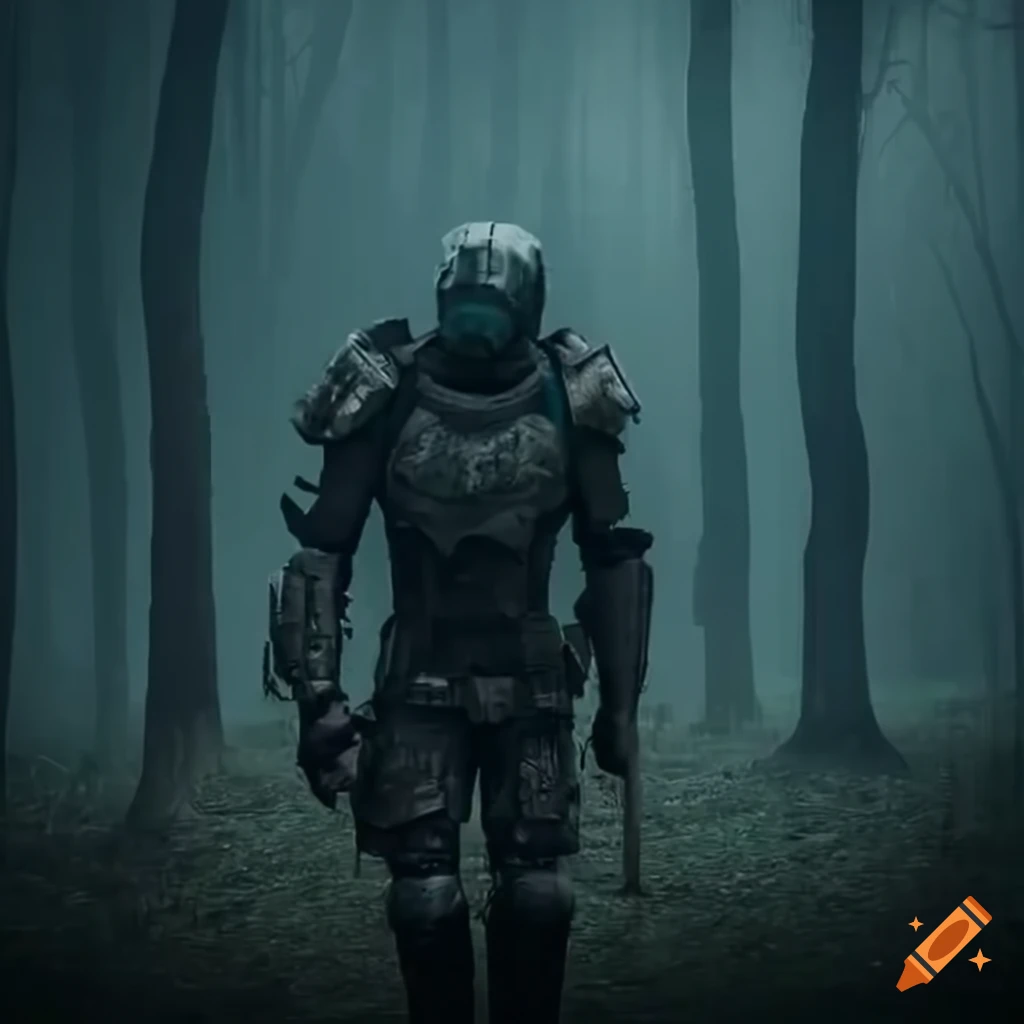 Futuristic soldiers in damaged armor in a toxic forest on Craiyon