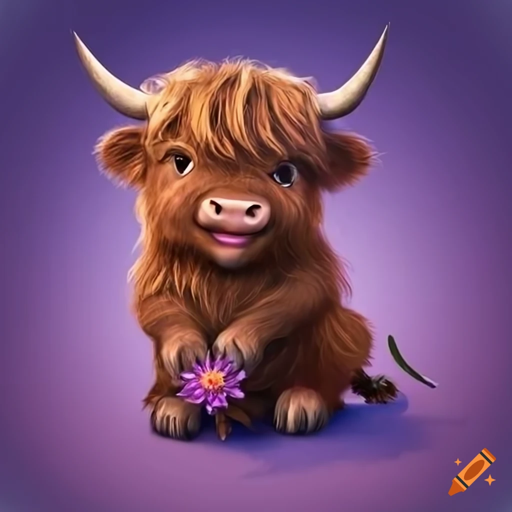 cute Scottish highland cow minotaur holding a flower