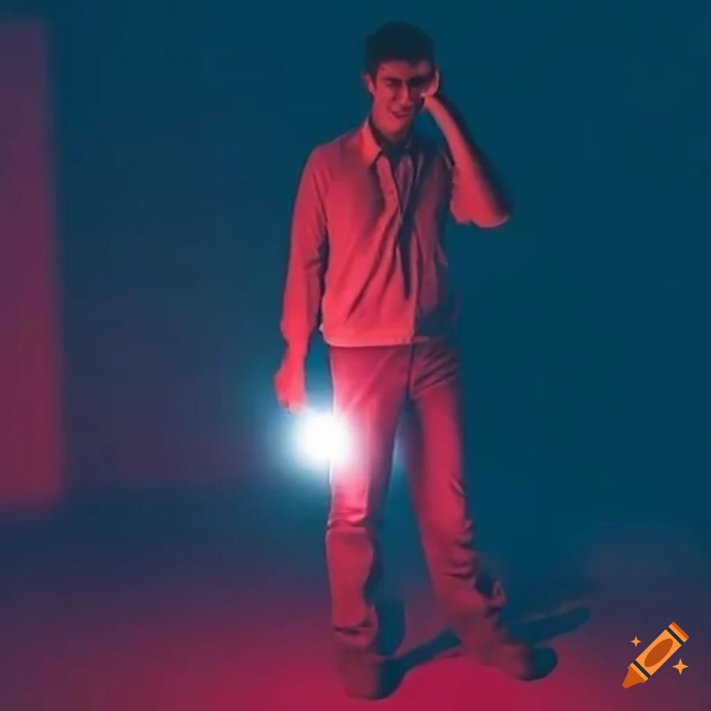 young engineer with flashlight in a dim area