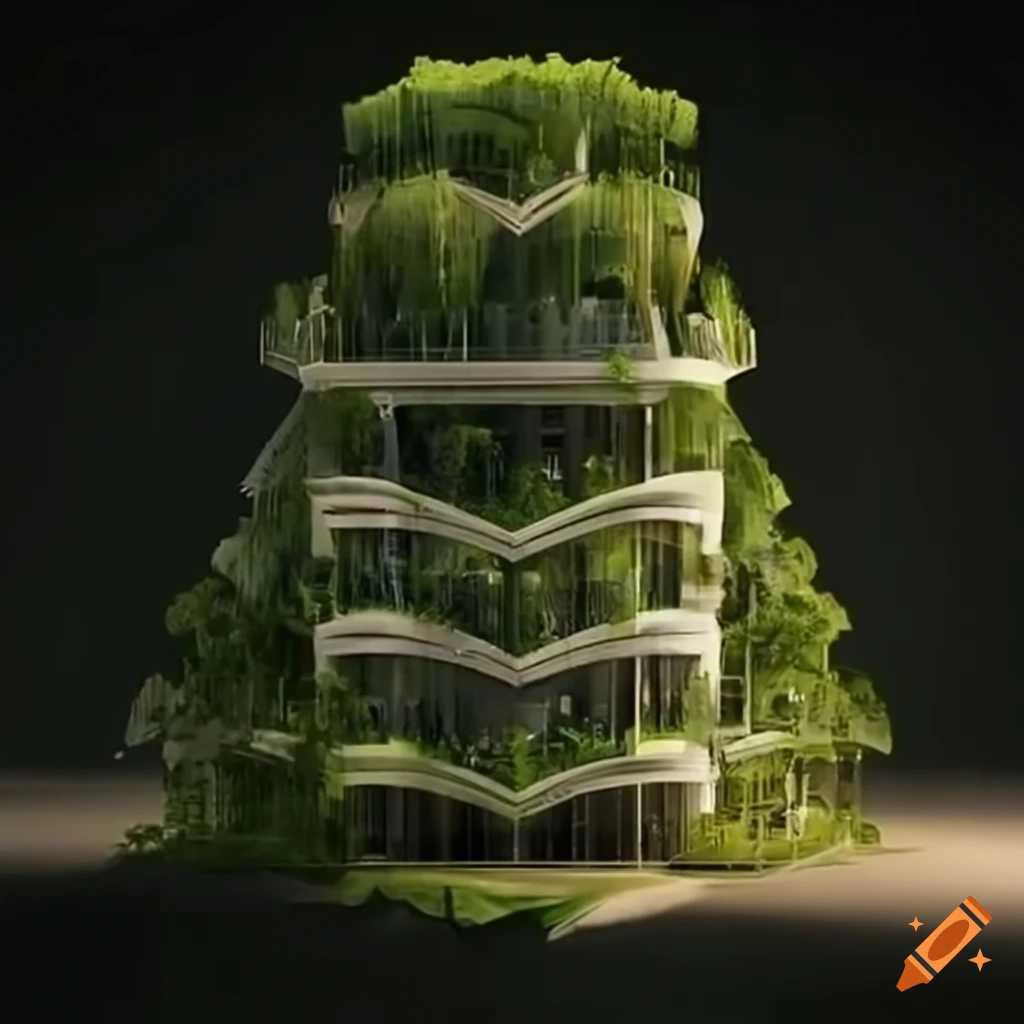realistic futuristic skyscraper covered in plants