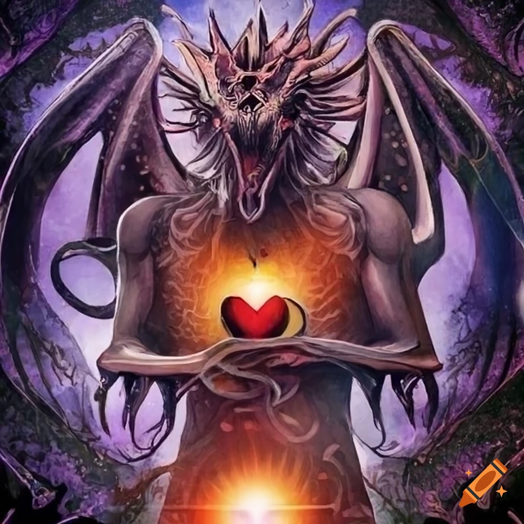 tarot card with a dragon and crystal heart