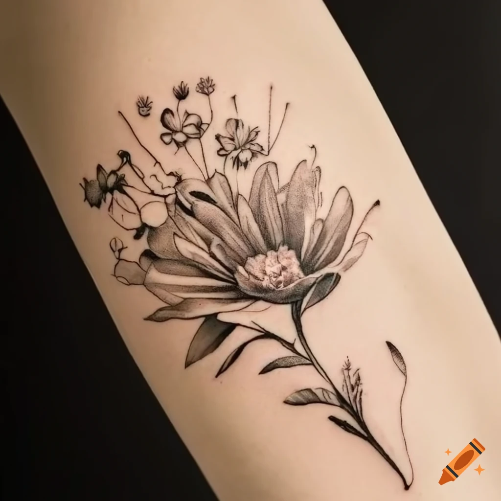 fine line tattoo of detailed field flowers