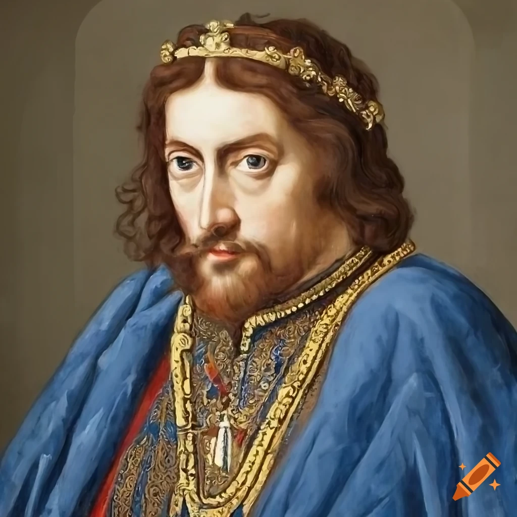 Oil painting of a king in royal blue attire on Craiyon