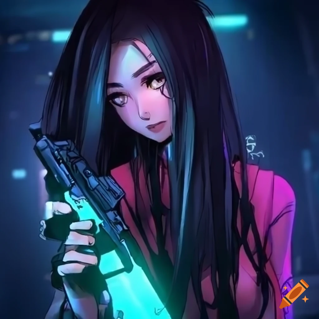 avatar of a cyberpunk Japanese girl with a shotgun and cyber-eye